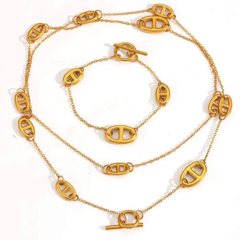 Gold Pig Nose Multilayer Necklace Bracelet Set Stainless Steel Gold Plated - Picture 10 of 12